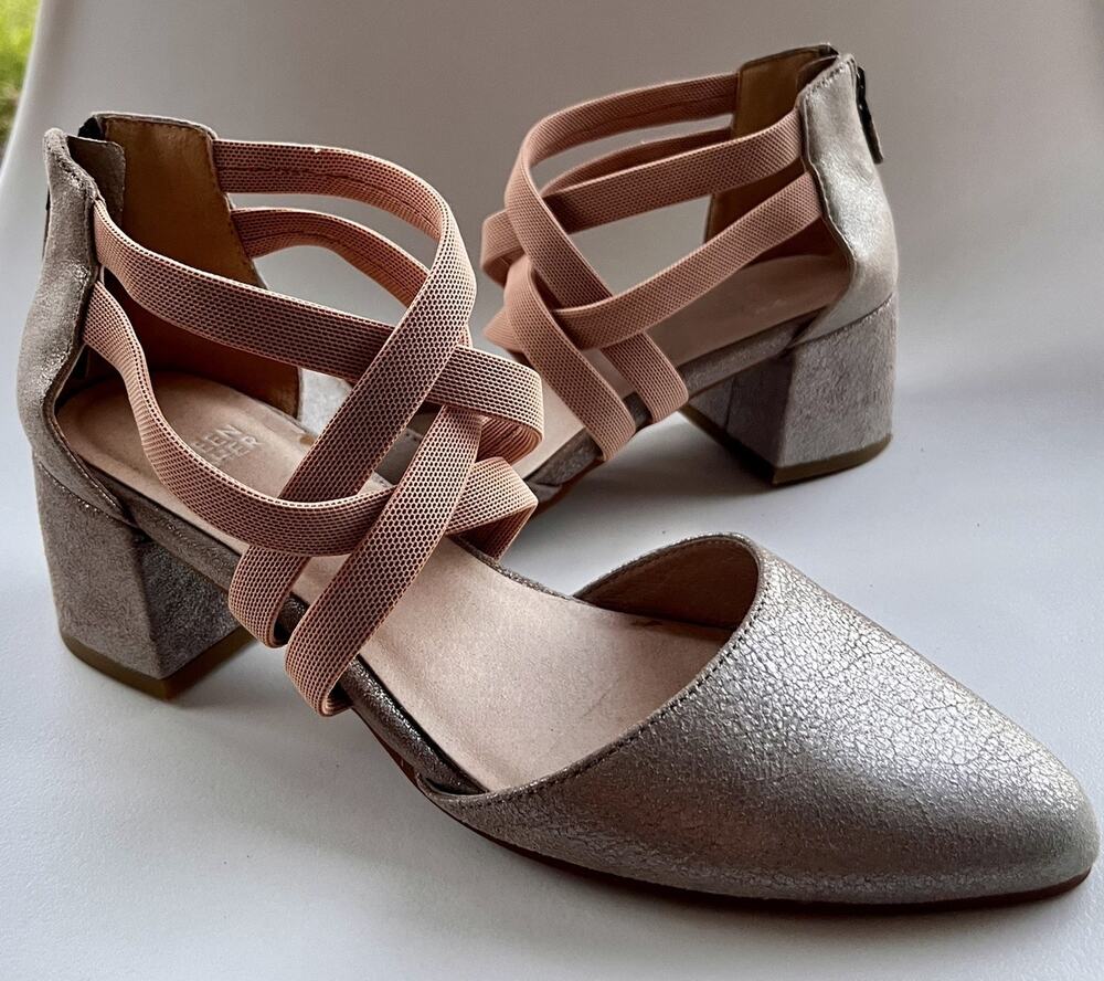 Eileen Fisher Juku Metallic Leather Block Heel Pumps Women's 7.5 Mica Silver